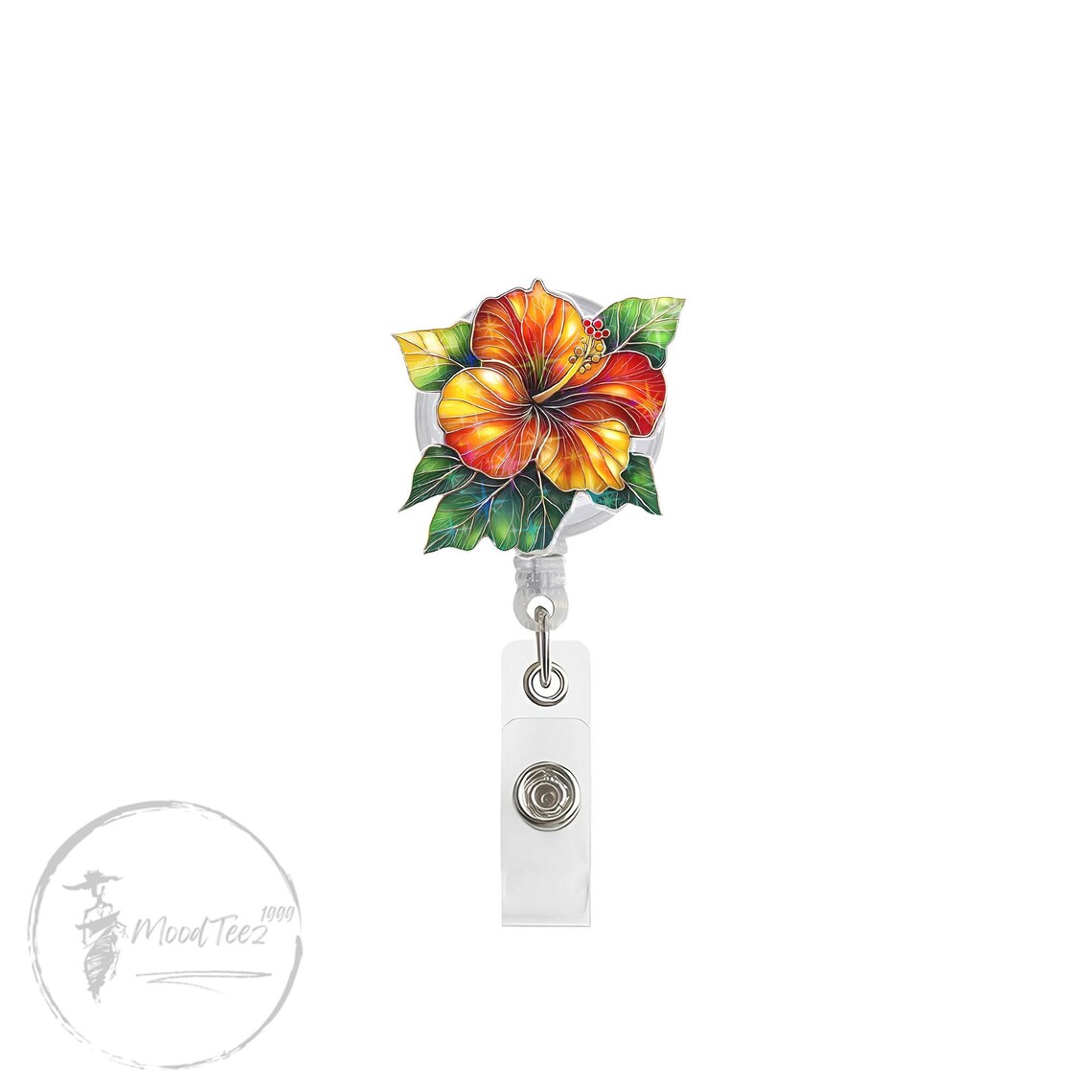 Tropical Hibiscus Badge Reel, Diamond Sparkle Flower ID Holder, Summer Floral Retractable Clip, Cute Gift for Nurse or Teacher