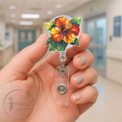 Tropical Hibiscus Badge Reel, Diamond Sparkle Flower ID Holder, Summer Floral Retractable Clip, Cute Gift for Nurse or Teacher
