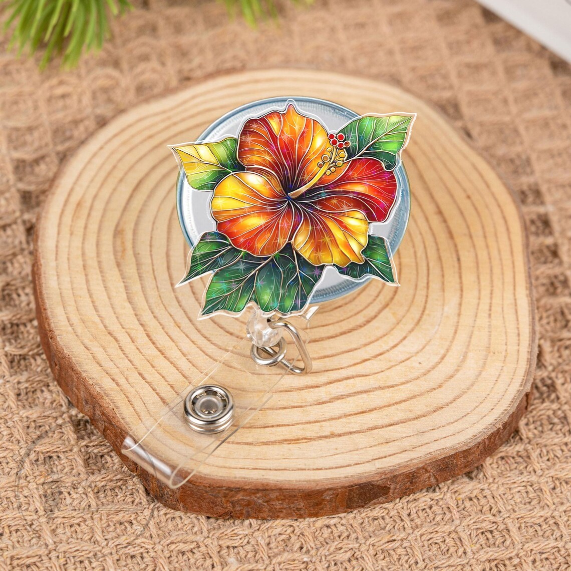 Tropical Hibiscus Badge Reel, Diamond Sparkle Flower ID Holder, Summer Floral Retractable Clip, Cute Gift for Nurse or Teacher