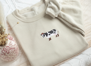 Embroidered Cowgirl Cow Sweatshirt, Embroidered Cow Heart Sweatshirt, Cute Sweatshirts for Women & Men, Trendy Crewneck, Funny Gifts for Her