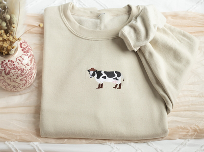 Embroidered Cowgirl Cow Sweatshirt, Embroidered Cow Heart Sweatshirt, Cute Sweatshirts for Women & Men, Trendy Crewneck, Funny Gifts for Her