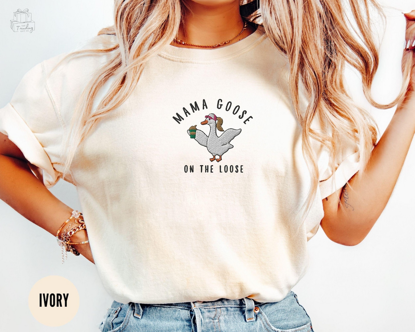 Embroidered Mama Silly Goose Shirt, Coffee Lover Mom Tshirt, Funny Goose Gift for Mom,New Pregnancy Announcement Tee,Iced Coffee Tee for Mom