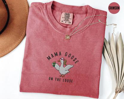 Embroidered Mama Silly Goose Shirt, Coffee Lover Mom Tshirt, Funny Goose Gift for Mom,New Pregnancy Announcement Tee,Iced Coffee Tee for Mom