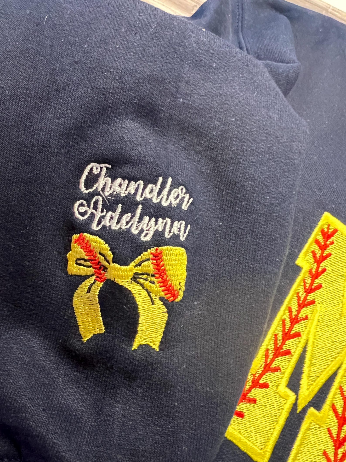 Softball Mama With names on sleeve and cute Softball bow Embroidered crewneck Gift for Mom Gift for her Personalized Custom softball shirt