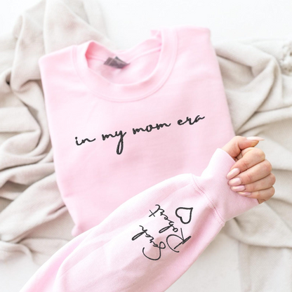 In My Mom Era Embroidery Sweatshirts, Mom Embroidered sweatshirt, Custom Sweatshirt Mom with Kid Names on Sleeve, Mama Embroidery Hoodie,