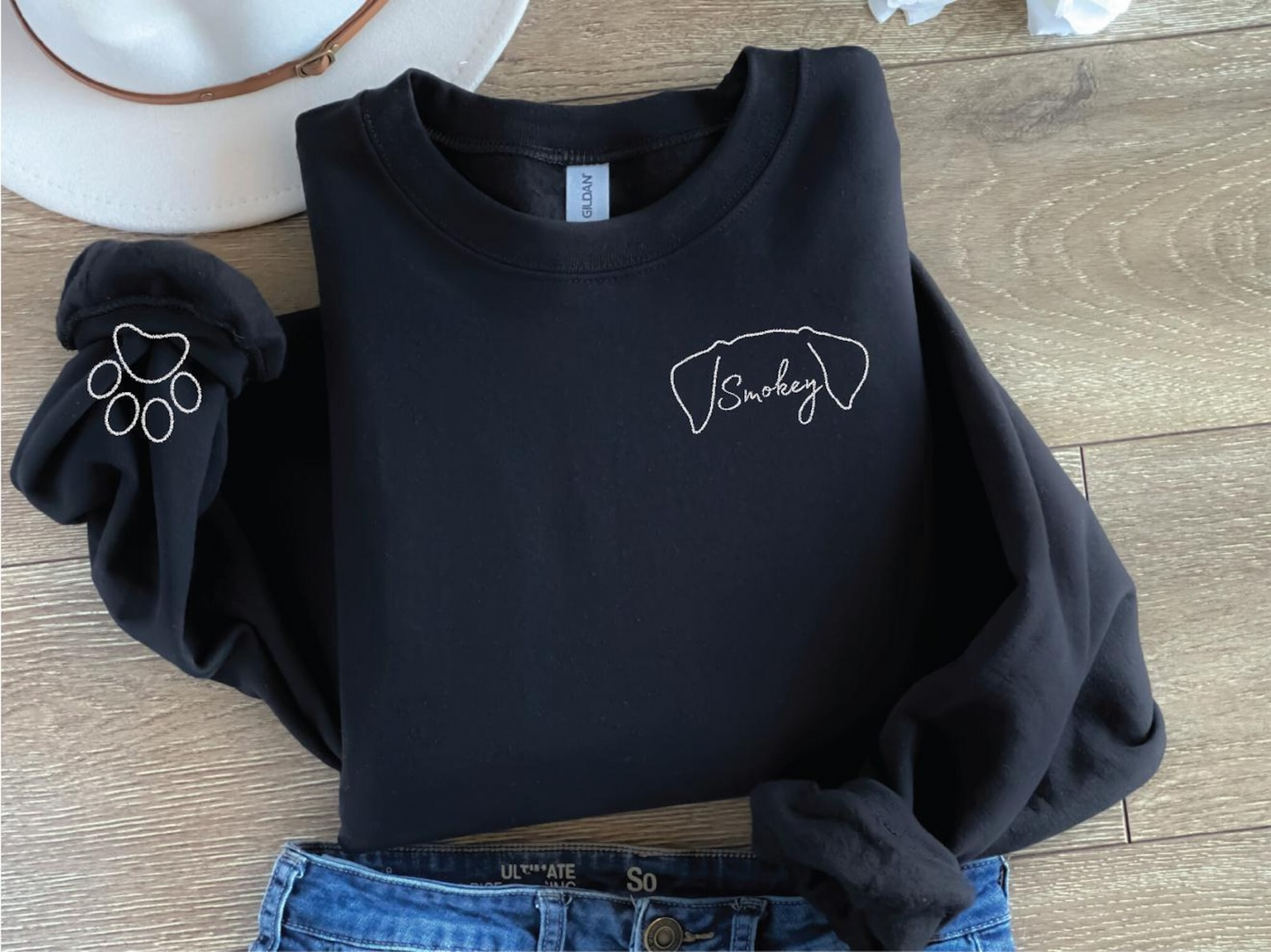 Dog Name Embroidered sweatshirt, Dog Ears with Custom Names Sweatshirt, Embroidery Dog paw on the Sleeve,Personalized Dog Mom Sweatshirt,