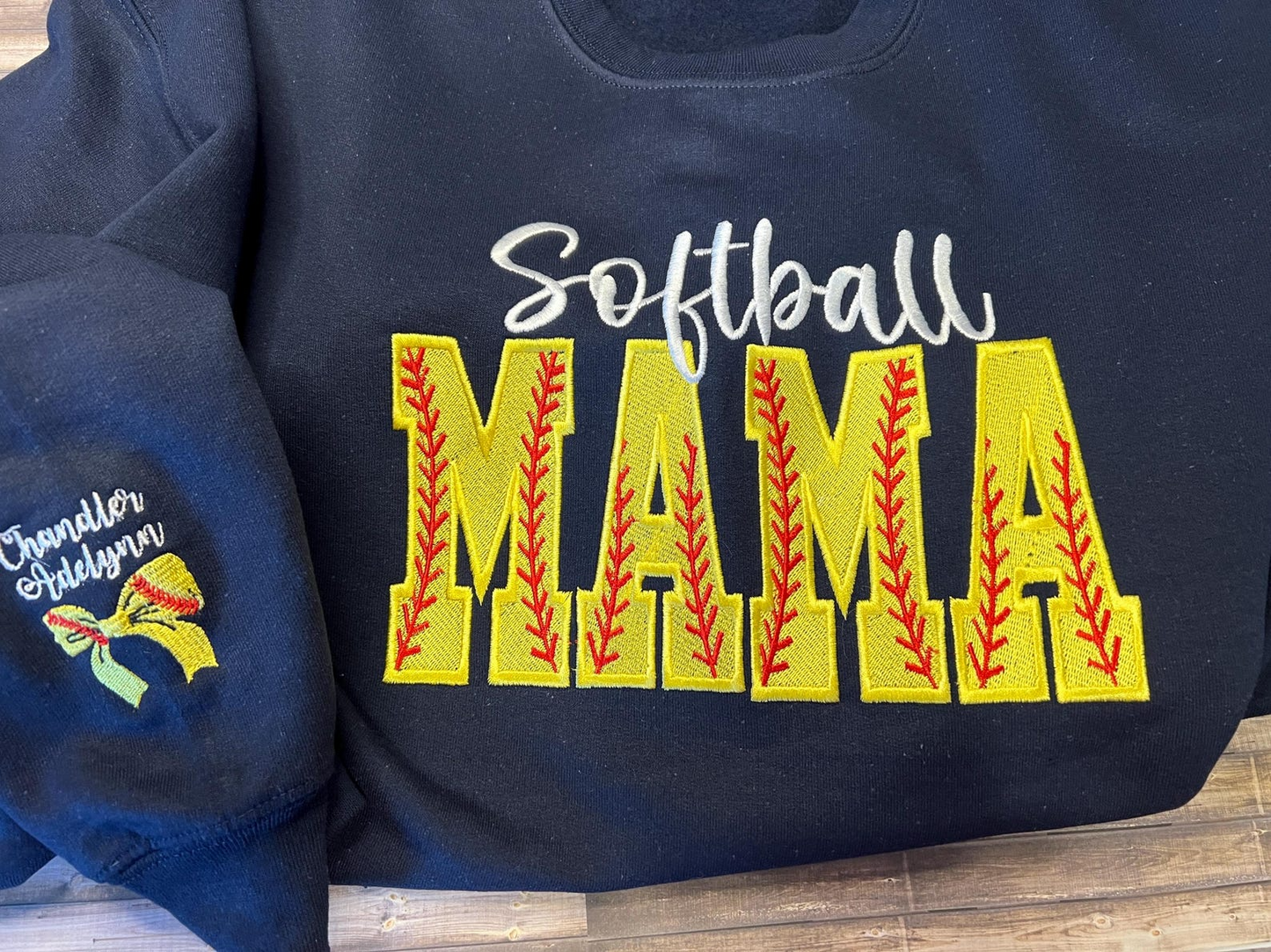 Softball Mama With names on sleeve and cute Softball bow Embroidered crewneck Gift for Mom Gift for her Personalized Custom softball shirt