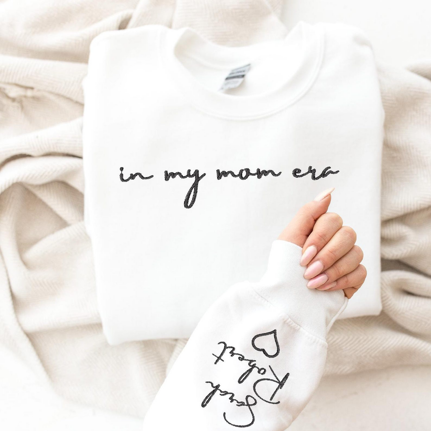 In My Mom Era Embroidery Sweatshirts, Mom Embroidered sweatshirt, Custom Sweatshirt Mom with Kid Names on Sleeve, Mama Embroidery Hoodie,