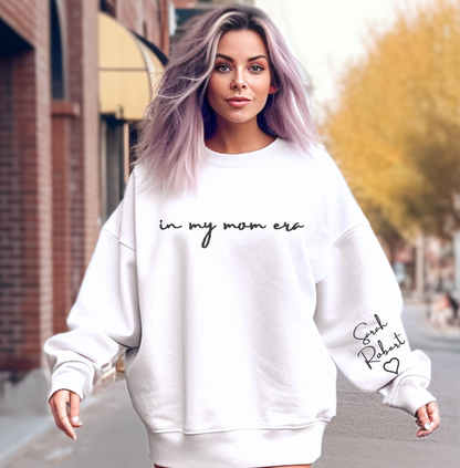 In My Mom Era Embroidery Sweatshirts, Mom Embroidered sweatshirt, Custom Sweatshirt Mom with Kid Names on Sleeve, Mama Embroidery Hoodie,