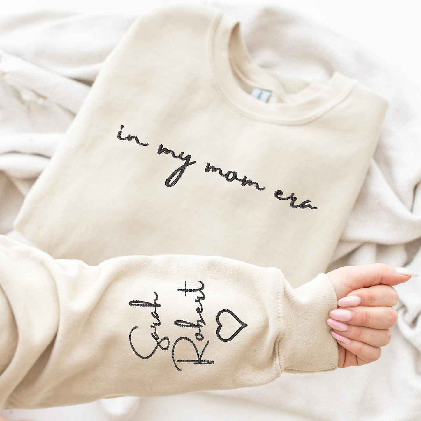 In My Mom Era Embroidery Sweatshirts, Mom Embroidered sweatshirt, Custom Sweatshirt Mom with Kid Names on Sleeve, Mama Embroidery Hoodie,