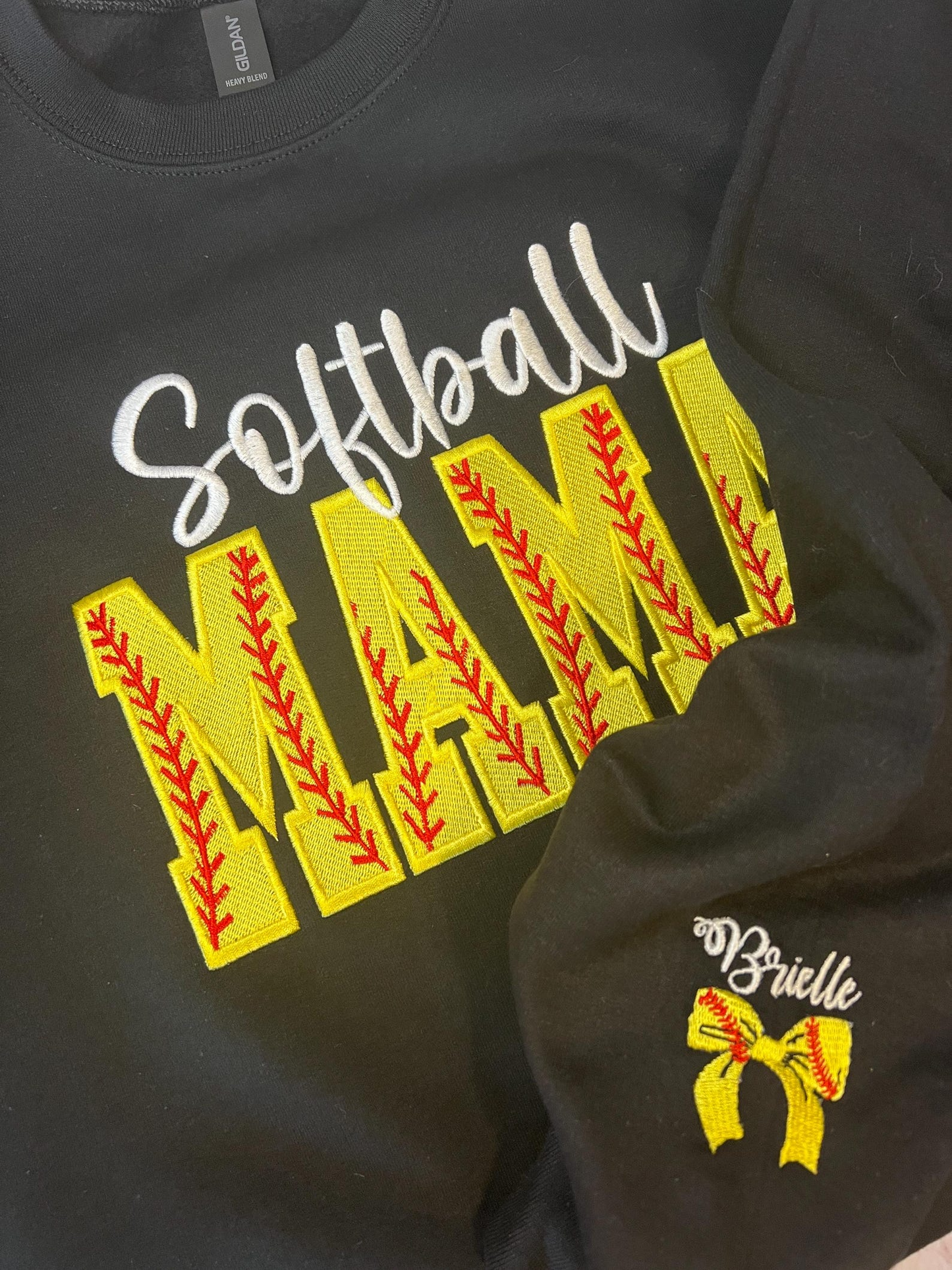 Softball Mama With names on sleeve and cute Softball bow Embroidered crewneck Gift for Mom Gift for her Personalized Custom softball shirt