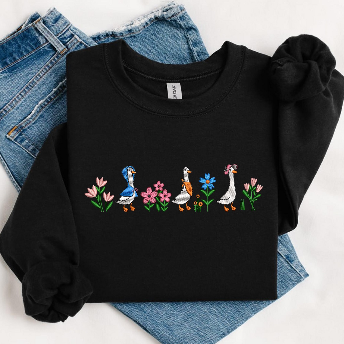 Floral Sweatshirt Embroidered Funny Goose Shirt, Embroidered Goose and Mini Floral Sweatshirt, Funny Cozy Crewneck, Gift For Her