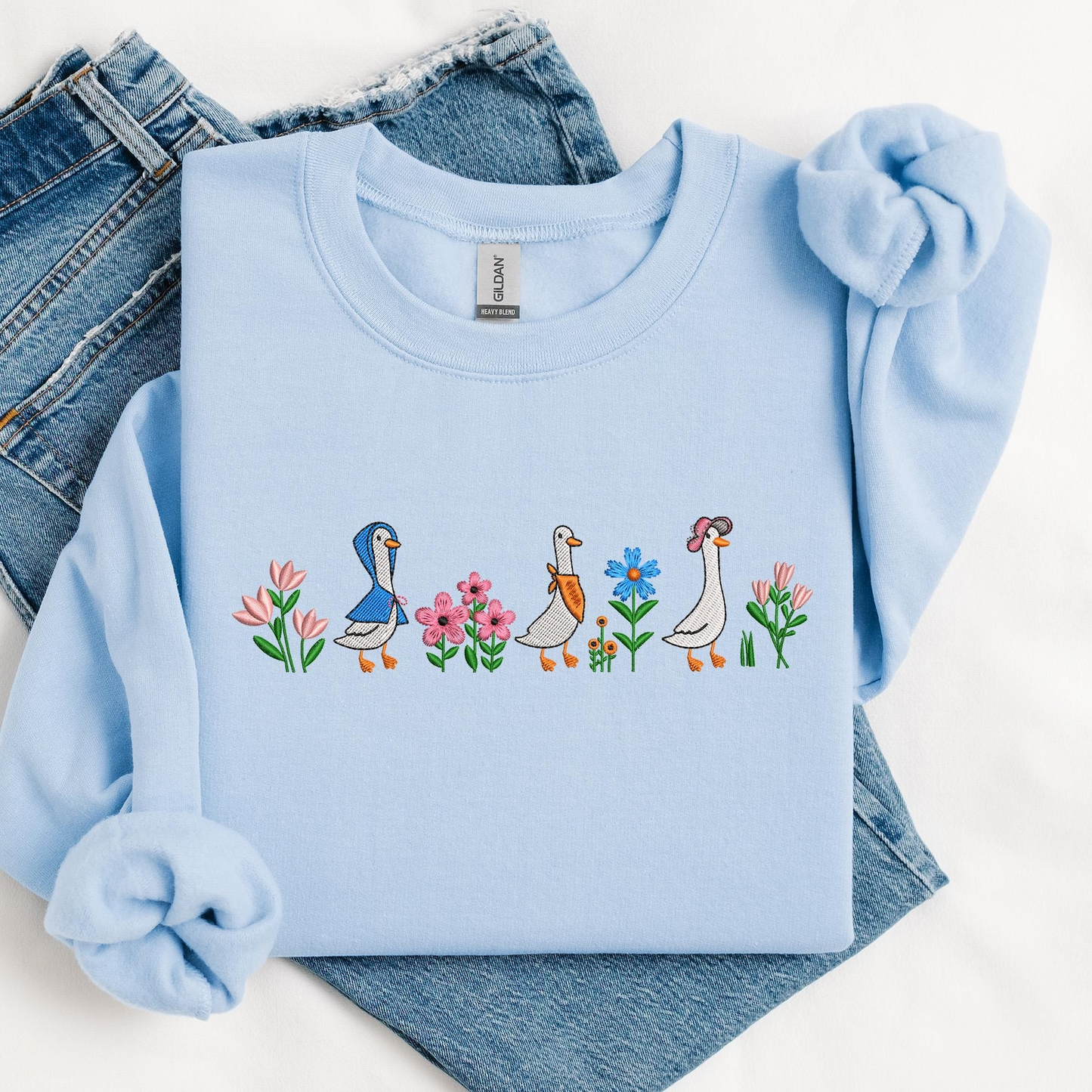 Floral Sweatshirt Embroidered Funny Goose Shirt, Embroidered Goose and Mini Floral Sweatshirt, Funny Cozy Crewneck, Gift For Her