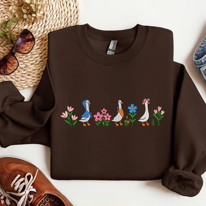 Floral Sweatshirt Embroidered Funny Goose Shirt, Embroidered Goose and Mini Floral Sweatshirt, Funny Cozy Crewneck, Gift For Her