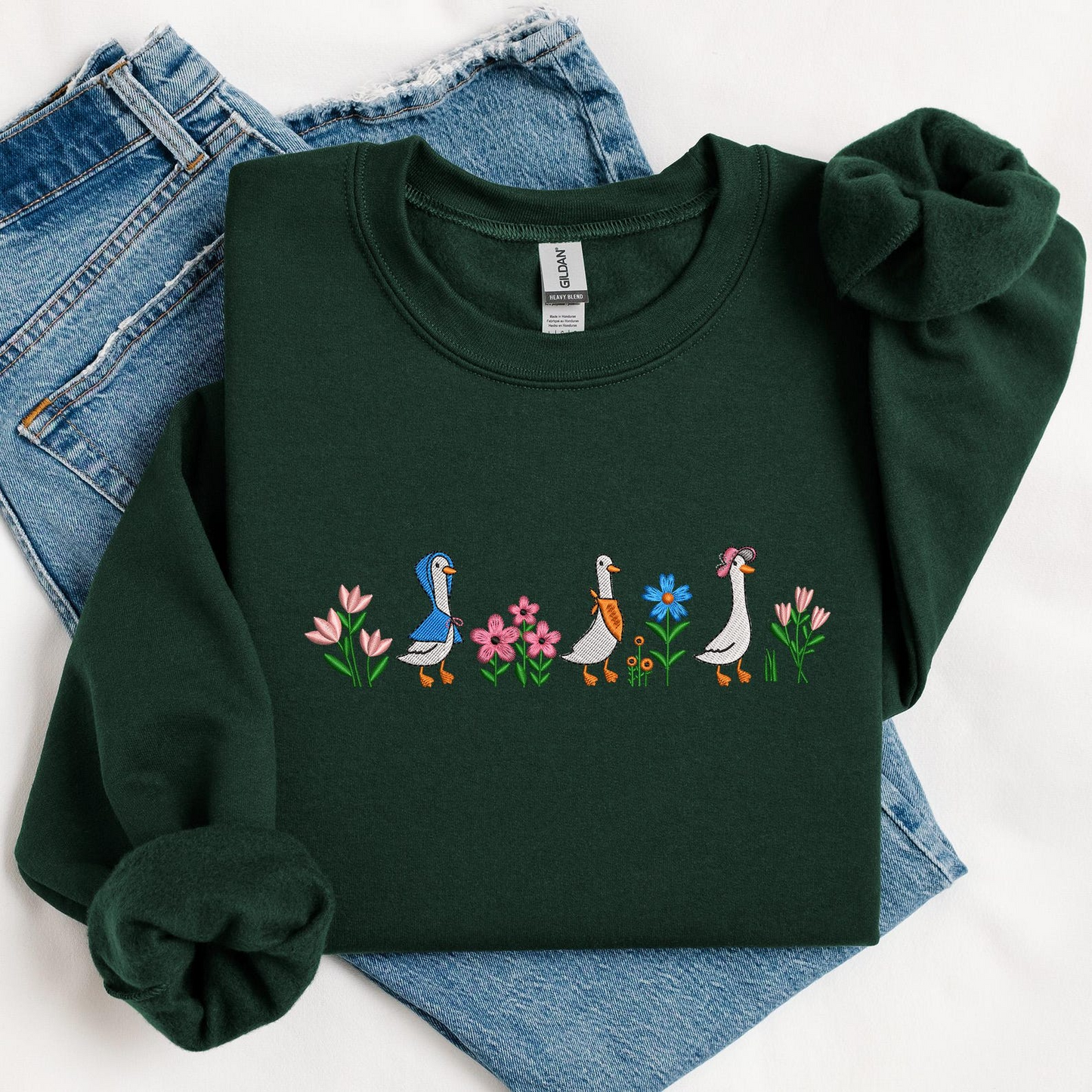 Floral Sweatshirt Embroidered Funny Goose Shirt, Embroidered Goose and Mini Floral Sweatshirt, Funny Cozy Crewneck, Gift For Her