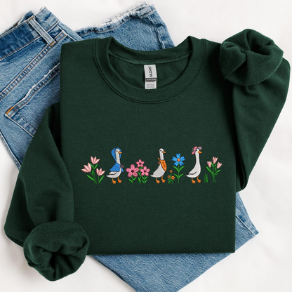Floral Sweatshirt Embroidered Funny Goose Shirt, Embroidered Goose and Mini Floral Sweatshirt, Funny Cozy Crewneck, Gift For Her