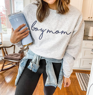 Boy Mom Embroidered Sweatshirt - Unisex Crewneck Pullover for Busy and Comfy Mom Life | Mother's Day Gift