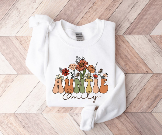 Personalized Auntie Sweatshirt For Aunt, Custom Auntie Gift, New Auntie Crewneck, Wildflowers Auntie Sweater Groovy Aunt Shirt, Aunt Gifts