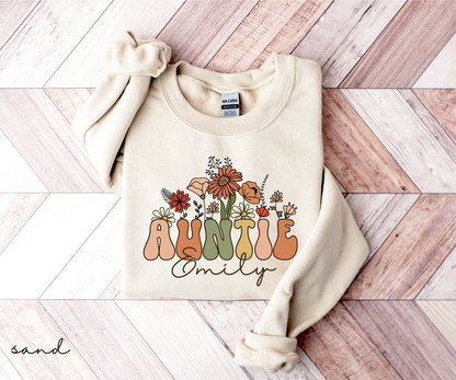 Personalized Auntie Sweatshirt For Aunt, Custom Auntie Gift, New Auntie Crewneck, Wildflowers Auntie Sweater Groovy Aunt Shirt, Aunt Gifts