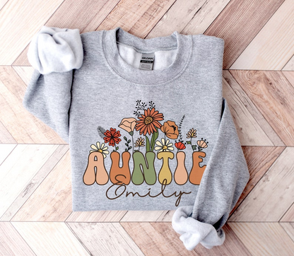 Personalized Auntie Sweatshirt For Aunt, Custom Auntie Gift, New Auntie Crewneck, Wildflowers Auntie Sweater Groovy Aunt Shirt, Aunt Gifts