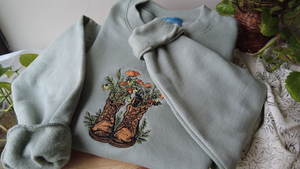 Sage Go Outside Floral Hiking Boots Embroidered Crewneck - Women’s Unisex Fleece Pullover Sweatershirt - Gifts for - Cottagecore - Granola