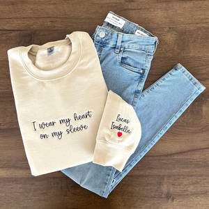 I Wear My Heart On My Sleeve, Embroidered Custom Mama Shirt With Kids Names, Pregnancy Reveal Hoodie Gift For New Mom, Mother's Day Gift