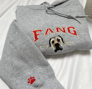 Custom Dog Face Hoodie from Your Photo, Varsity Personalized Embroidered Hoodie with Dog Name, Est Hoodie, Dog Owner Gift Idea