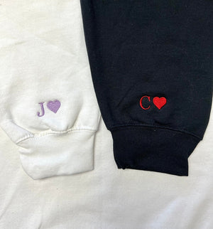 Custom Embroidered Initial Heart Sweatshirt, Initial on Sleeve, Couple Shirt, Anniversary, Couple's Shirt, Custom Embroidered Hoodie.