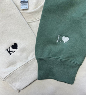 Custom Embroidered Initial Heart Sweatshirt, Initial on Sleeve, Couple Shirt, Anniversary, Couple's Shirt, Custom Embroidered Hoodie.