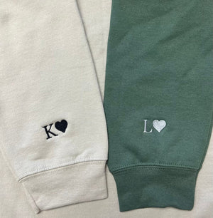 Custom Embroidered Initial Heart Sweatshirt, Initial on Sleeve, Couple Shirt, Anniversary, Couple's Shirt, Custom Embroidered Hoodie.