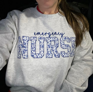 Emergency Nurse Embroidered Blue Floral Applique Sweatshirt | Simple Doctor Pullover, Gift for Medical Field, Personalized RN Shirt