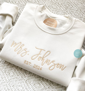 Custom Mrs Sweatshirt, Embroidered Future Mrs Name Crewneck Bride to Be Gift for Bridal Shower Engagement Gift Mrs Last Name Honeymoon Shirt