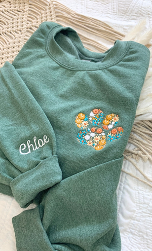 Floral Embroidered Fall Sweatshirt Custom Autumn Crewneck w Pet Name on Sleeve Fall Sweatshirt for Dog Lover Fall Fur MAMA Sweatshirt