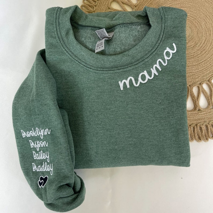 Op maat geborduurd mama-sweater met kindernaam op mouw, gepersonaliseerd moedersweater, minimalistische mama-trui, Moederdagcadeau voor moeder