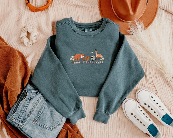 Respect Local Wildlife Embroidered Sweatshirt, Protect National Parks, Camping Outdoors Granola Girl Sweatshirt, Environmental Sweatshirt