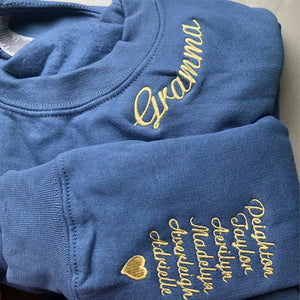 Custom Embroidered Mama Grandma Gigi or Any Text on Neckline Sweatshirt, Names on Sleeve,Personalized Gift for Mom Mother Momma Nana Sweater