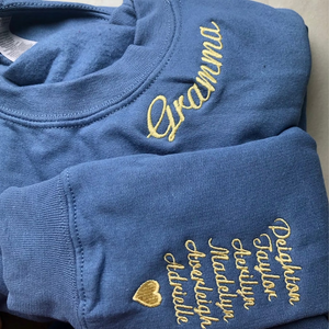 Custom Embroidered Mama Grandma Gigi or Any Text on Neckline Sweatshirt, Names on Sleeve,Personalized Gift for Mom Mother Momma Nana Sweater