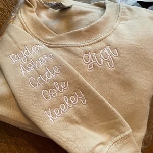 Custom Embroidered Mama Grandma Gigi or Any Text on Neckline Sweatshirt, Names on Sleeve,Personalized Gift for Mom Mother Momma Nana Sweater