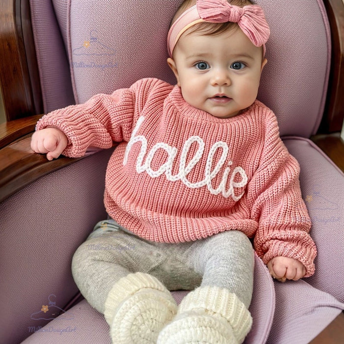 Personalized Hand embroidered Name Baby Sweater,Custome Baby Name Sweater,Pink Baby Girls Sweater With Name,Birthday Gift For Baby Girls Boy