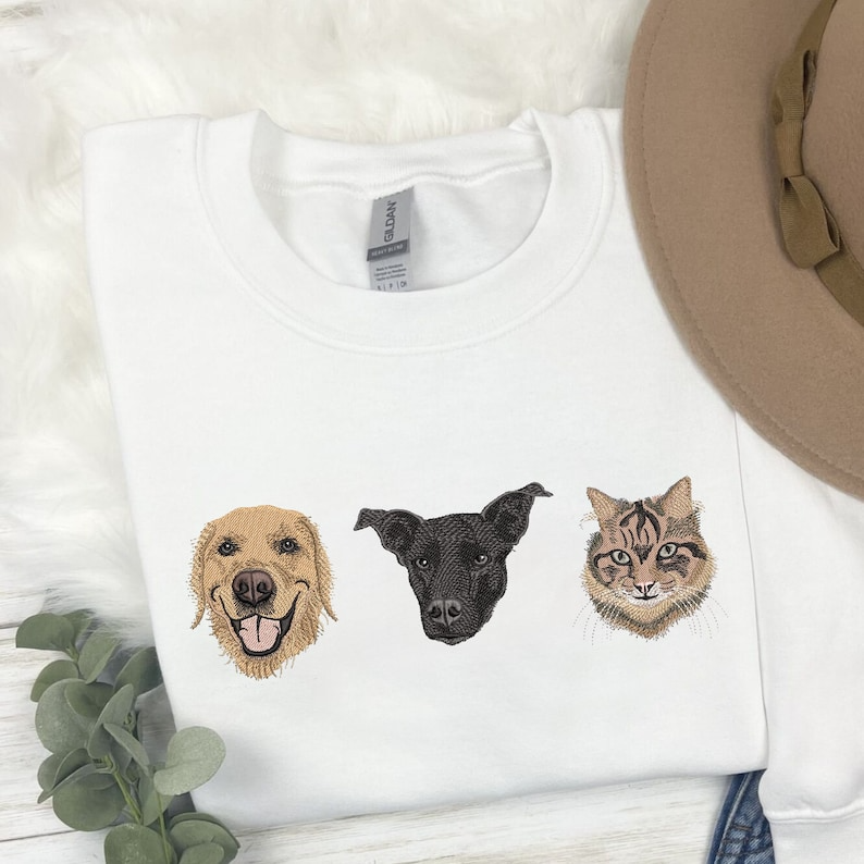 Custom EMBROIDERED Pet Face Portrait Sweatshirt,Custom Pet Gift, Dog Mom Gift, Cat Mom,Personalized Pet Memorial,Personalized Dog Embroidery
