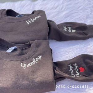 Custom Embroidered Mama Grandma Gigi or Any Text on Neckline Sweatshirt, Names on Sleeve,Personalized Gift for Mom Mother Momma Nana Sweater