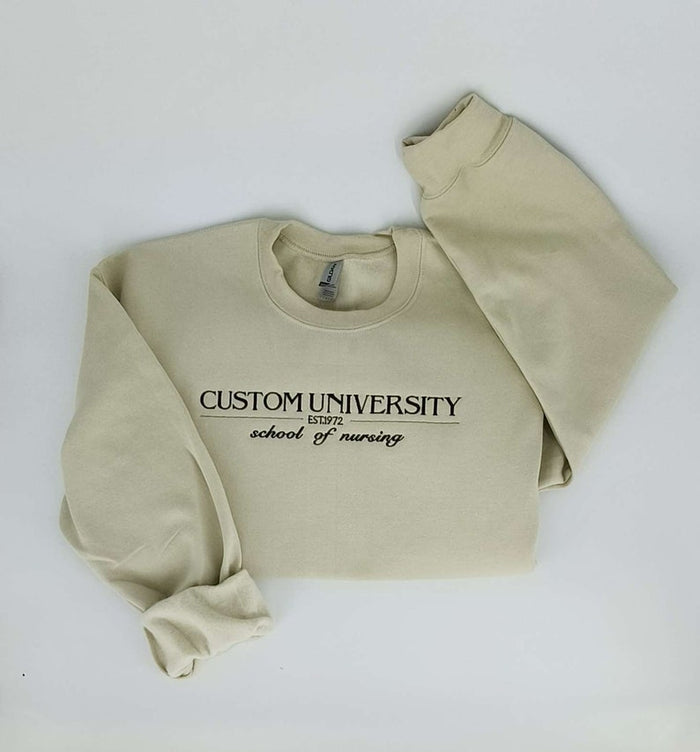 Custom College Embroidered Sweatshirt/Hoodie and Comfort Colors® Shirt, Embroidered Personalizable Design University and College Program