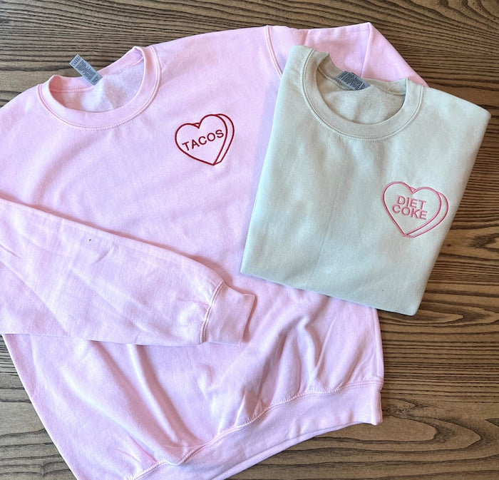 Custom Embroidered Valentine Sweatshirt with Personalized Candy Hearts. Valentine Gift. Boyfriend Gift, Couples Gift, Personalized Gift.