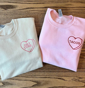 Custom Embroidered Valentine Sweatshirt with Personalized Candy Hearts. Valentine Gift. Boyfriend Gift, Couples Gift, Personalized Gift.