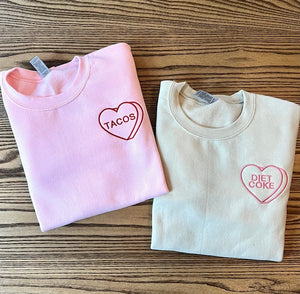 Custom Embroidered Valentine Sweatshirt with Personalized Candy Hearts. Valentine Gift. Boyfriend Gift, Couples Gift, Personalized Gift.