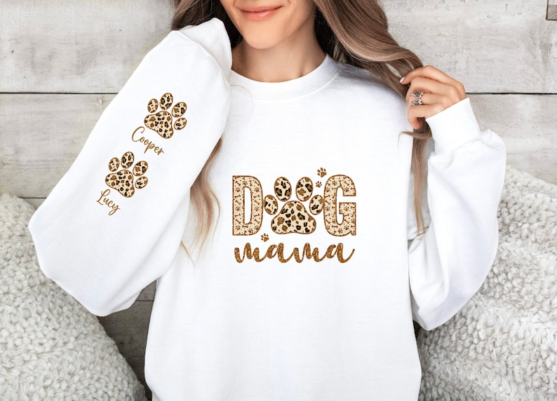Custom Leopard Dog Mama Sweatshirt, Custom Dog Mom Sweatshirt, Dog Name on Sleeve Hoodie, Dog Mom Gift, Gift For Dog Mom, Dog Mama Crewneck