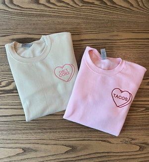 Custom Embroidered Valentine Sweatshirt with Personalized Candy Hearts. Valentine Gift. Boyfriend Gift, Couples Gift, Personalized Gift.