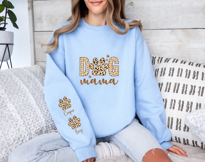 Custom Leopard Dog Mama Sweatshirt, Custom Dog Mom Sweatshirt, Dog Name on Sleeve Hoodie, Dog Mom Gift, Gift For Dog Mom, Dog Mama Crewneck