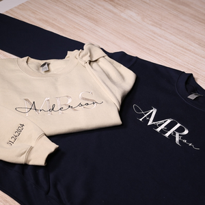 Custom Mr Mrs Embroidered Sweatshirt With Date On Sleeve, Personalized Wifey & Hubby Hoodie, Matching Couples Outfit