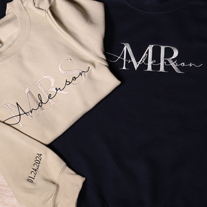 Custom Mr Mrs Embroidered Sweatshirt With Date On Sleeve, Personalized Wifey & Hubby Hoodie, Matching Couples Outfit